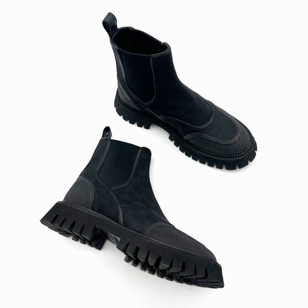 GUCCI Novo GG Monogram Chelsea Combat Boots Size 39 Black Canvas Lug Sole